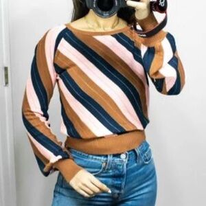 FOXIEDOX Anthropology Retro Nina Cropped Striped Sweater Pink Brown Navy Sz M